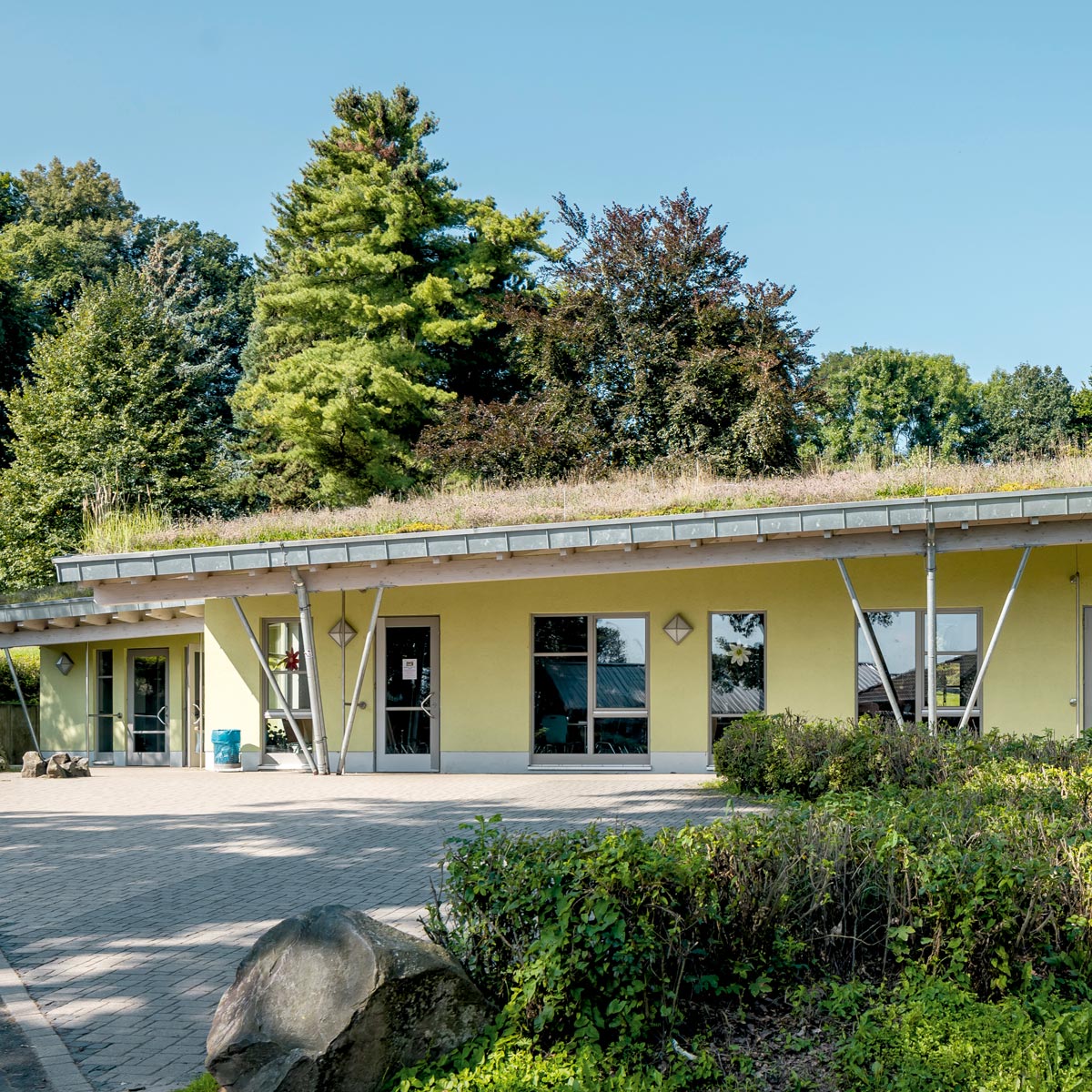 Cafeteria aus Holz mit Gründach auf dem Campus der CJD Jugenddorf-Christophorusschule